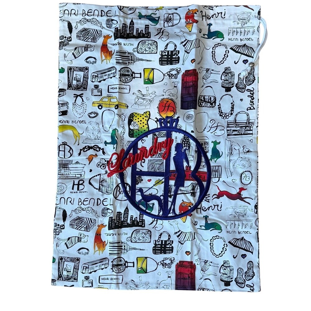 Henri Bendel Doodle Print Laundry Bag Travel Packable White Cotton NYC Rare